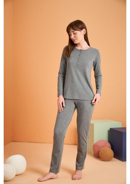 Kadın Antrasit Uzun Kol Pijama Takımı 28048