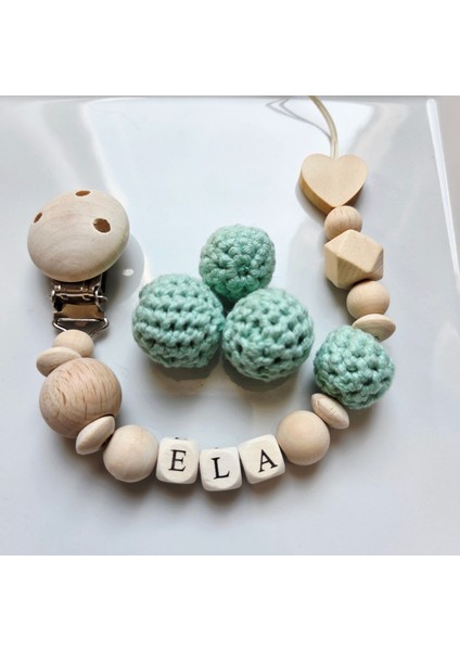 Kalpli Su Yeşili Isimli Bebek Emzik Zinciri Askısı