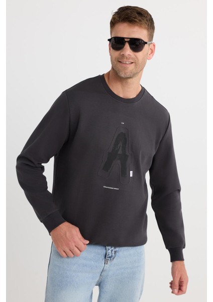 Unisex Relax Fit Pamuklu Yumuşak Dokulu Bisiklet Yaka Içi Polarlı Baskılı Antrasit Sweatshirt​​​​​​​