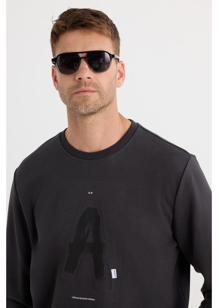 Unisex Relax Fit Pamuklu Yumuşak Dokulu Bisiklet Yaka Içi Polarlı Baskılı Antrasit Sweatshirt​​​​​​​ fiyatları