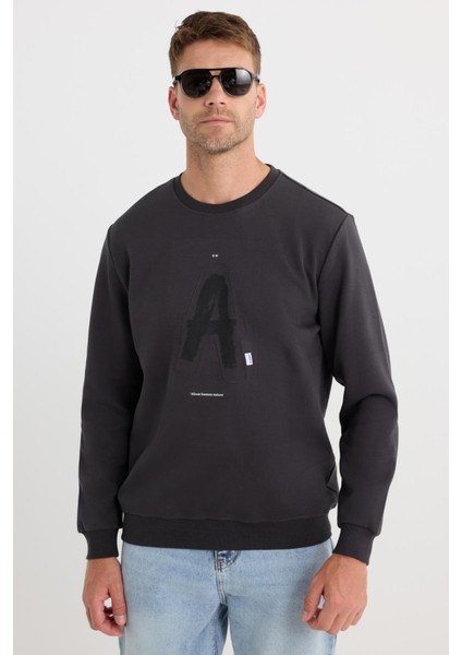 Unisex Relax Fit Pamuklu Yumuşak Dokulu Bisiklet Yaka Içi Polarlı Baskılı Antrasit Sweatshirt​​​​​​​ fırsatları