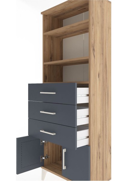 Arges Dolap 3 Raflı 3 Çekmeceli 2 Kapaklı 60X30X163 Çam-Antrasit indirimleri