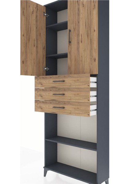 Arges Dolap 4 Raflı 3 Çekmeceli 2 Kapaklı 88X30X243 Antrasit-Çam indirimleri