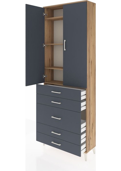 Arges Dolap 4 Raflı 5 Çekmeceli 2 Kapaklı 88X30X243 Çam-Antrasit fırsatları