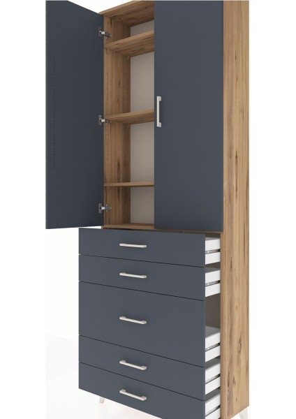 Arges Dolap 4 Raflı 5 Çekmeceli 2 Kapaklı 88X30X243 Çam-Antrasit indirimleri