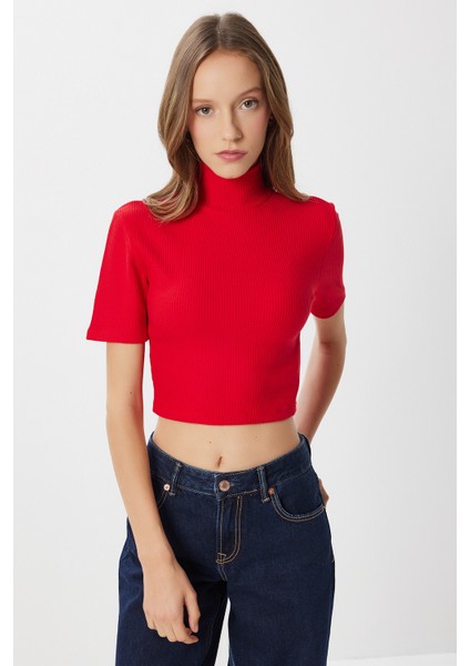 Dik Yaka Crop Fitilli Örme Bluz LUB0295 Kırmızı fiyatları