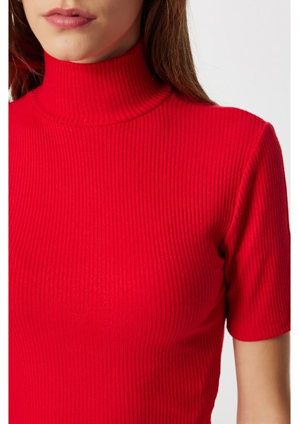 Dik Yaka Crop Fitilli Örme Bluz LUB0295 Kırmızı fırsatları