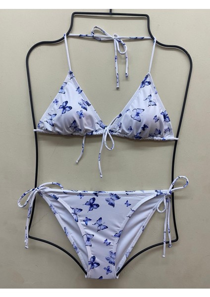 Kadın Likralı Yandan Boyundan Bağlamalı Şık Ipli Üçgen Bikini Takım
