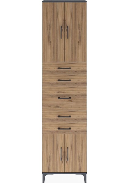 Arges Dolap 2 Raflı 5 Çekmeceli 4 Kapaklı 60X30X243 Antrasit-Çam