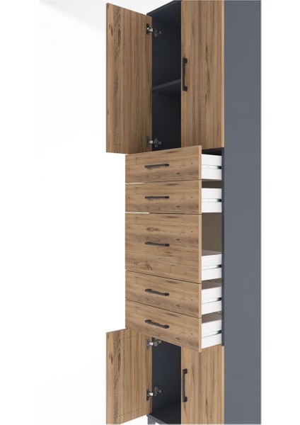 Arges Dolap 2 Raflı 5 Çekmeceli 4 Kapaklı 60X30X243 Antrasit-Çam indirimleri