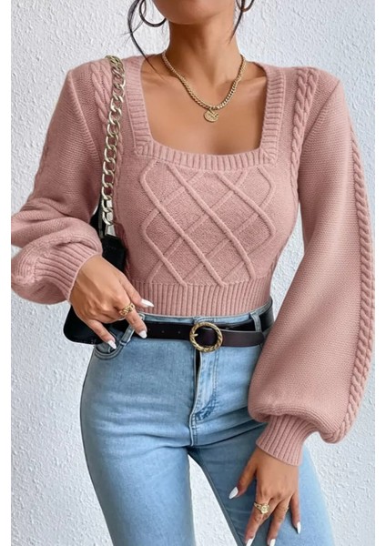 Kare Yaka Örgü Desenli Kadın Triko Kazak P-00018861 fiyatları