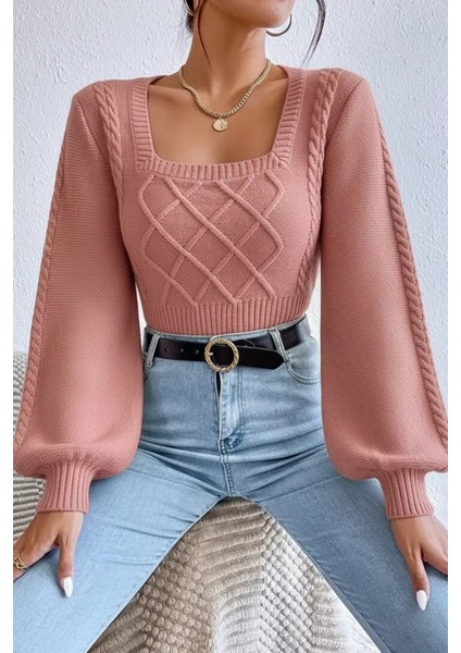 Kare Yaka Örgü Desenli Kadın Triko Kazak P-00018861 modelleri