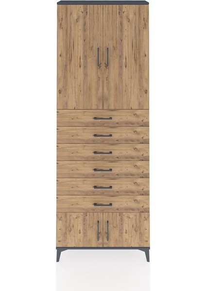 Arges Dolap 3 Raflı 6 Çekmeceli 4 Kapaklı 88X30X243 Antrasit-Çam