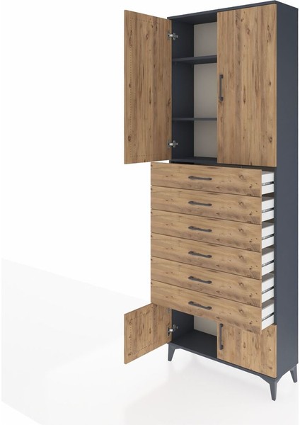 Arges Dolap 3 Raflı 6 Çekmeceli 4 Kapaklı 88X30X243 Antrasit-Çam fırsatları