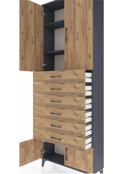 Arges Dolap 3 Raflı 6 Çekmeceli 4 Kapaklı 88X30X243 Antrasit-Çam indirimleri