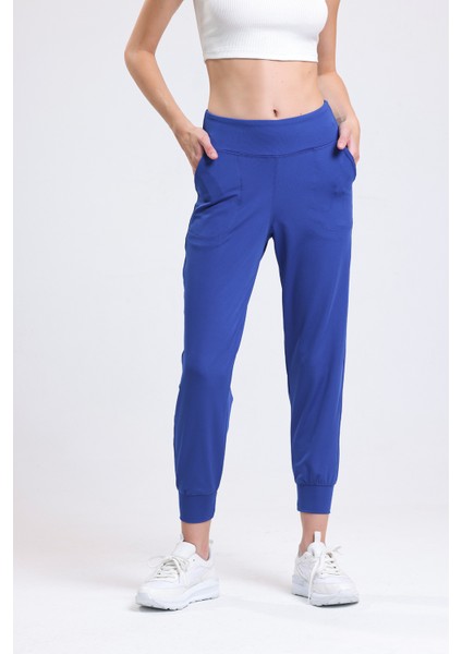 Kadın Lacivert Yüksek Bel Cepli Beli Lastikli Esnek Jogger Pantolon