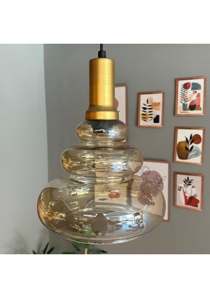 Lily Cam Bal Rengi Tekli Avize Gold Fener Başlık Retro Sarkıt Lamba Restoran Salon Aydınlatma