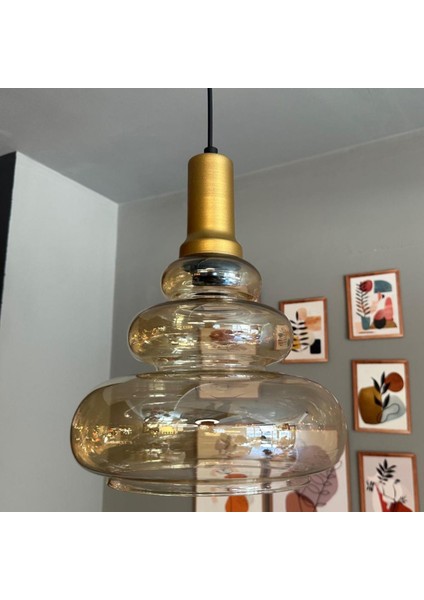 Lily Cam Bal Rengi Tekli Avize Gold Fener Başlık Retro Sarkıt Lamba Restoran Salon Aydınlatma