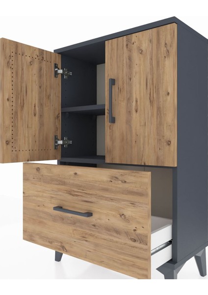 Arges Komodin 2 Raflı Tek Çekmeceli 2 Kapaklı 60X30X96 Antrasit-Çam indirimleri
