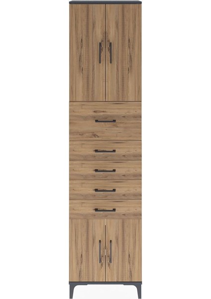 Arges Dolap 3 Raflı 5 Çekmeceli 4 Kapaklı 60X30X243 Antrasit-Çam