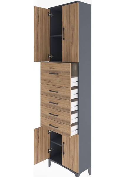 Arges Dolap 3 Raflı 5 Çekmeceli 4 Kapaklı 60X30X243 Antrasit-Çam fırsatları