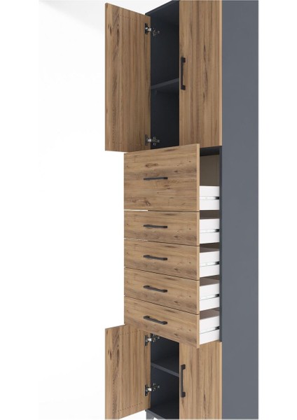 Arges Dolap 3 Raflı 5 Çekmeceli 4 Kapaklı 60X30X243 Antrasit-Çam indirimleri