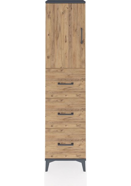 Arges Dolap Tek Raflı 3 Çekmeceli Tek Kapaklı 44X30X182 Antrasit-Çam