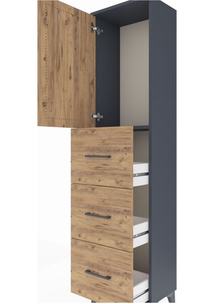 Arges Dolap Tek Raflı 3 Çekmeceli Tek Kapaklı 44X30X182 Antrasit-Çam indirimleri