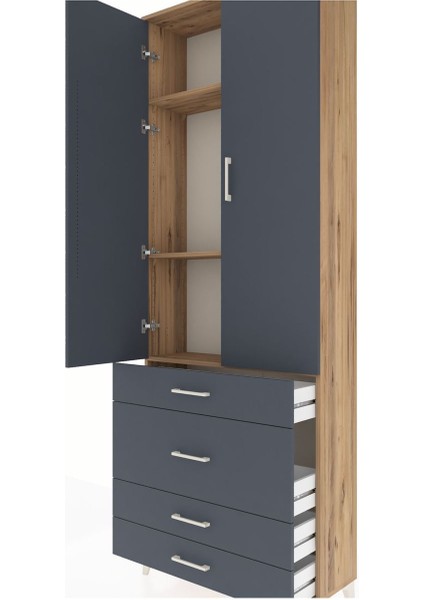 Arges Dolap 3 Raflı 4 Çekmeceli 2 Kapaklı 88X30X243 Çam-Antrasit indirimleri