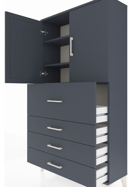 Arges Dolap 3 Raflı 4 Çekmeceli 2 Kapaklı 88X30X163 Antrasit-Antrasit indirimleri