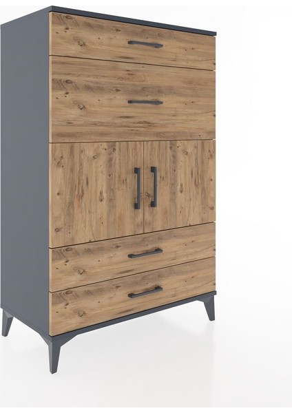 Hyperion Dolap Tek Raflı 4 Çekmeceli 2 Kapaklı 88X44X134 Antrasit-Çam fiyatları