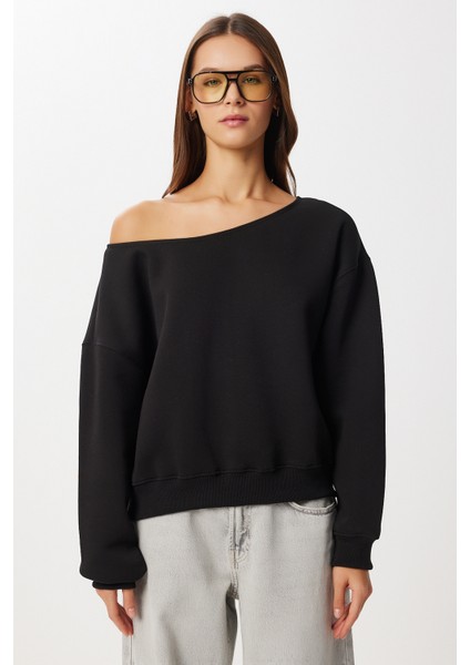 Açık Omuzlu Şardonlu Örme Sweatshirt LAN0076 Siyah modelleri