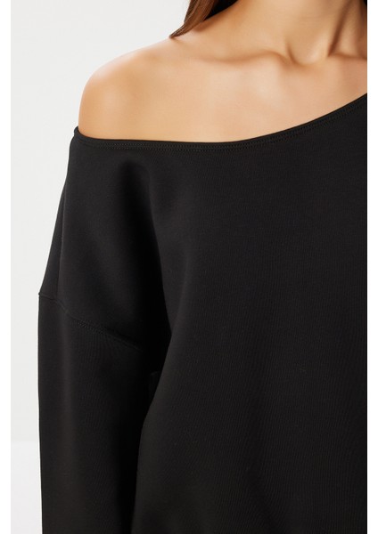 Açık Omuzlu Şardonlu Örme Sweatshirt LAN0076 Siyah fırsatları