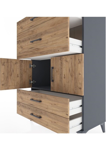 Hyperion Dolap Tek Raflı 4 Çekmeceli 2 Kapaklı 88X44X134 Antrasit-Çam indirimleri