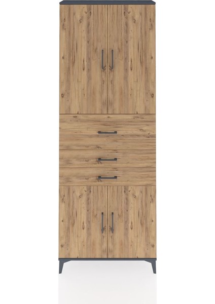 Arges Dolap 4 Raflı 3 Çekmeceli 4 Kapaklı 88X30X243 Antrasit-Çam