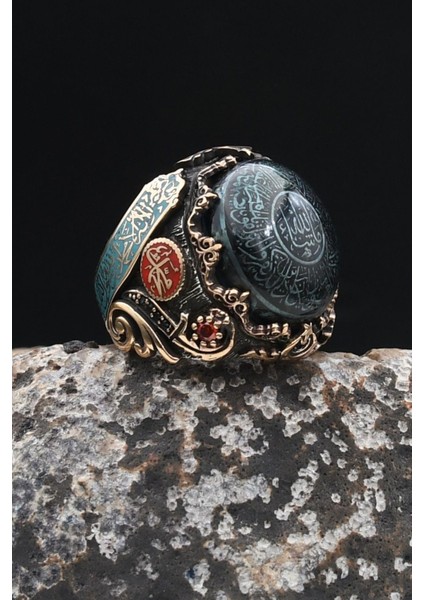 Özel Tasarım Nazar Duası ve Kelime-I Tevhid ve Allah ve Muhammed Yazılı Sıkma Kehribar Taşlı Gümüş Erkek Yüzük 902336