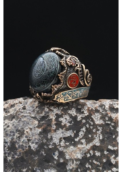Özel Tasarım Nazar Duası ve Kelime-I Tevhid ve Allah ve Muhammed Yazılı Sıkma Kehribar Taşlı Gümüş Erkek Yüzük 902336 fiyatları
