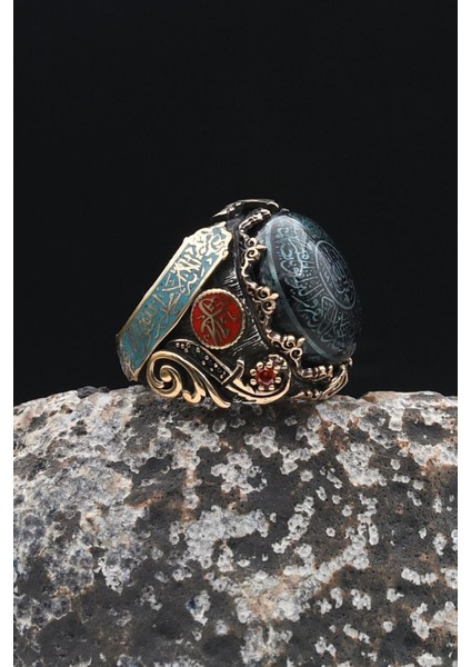 Özel Tasarım Nazar Duası ve Kelime-I Tevhid ve Allah ve Muhammed Yazılı Sıkma Kehribar Taşlı Gümüş Erkek Yüzük 902336 fırsatları