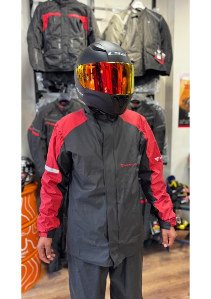 Motorcu Yağmurluk Pu Kırmızı Siyah