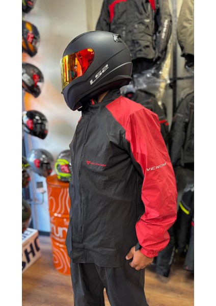 Motorcu Yağmurluk Pu Kırmızı Siyah