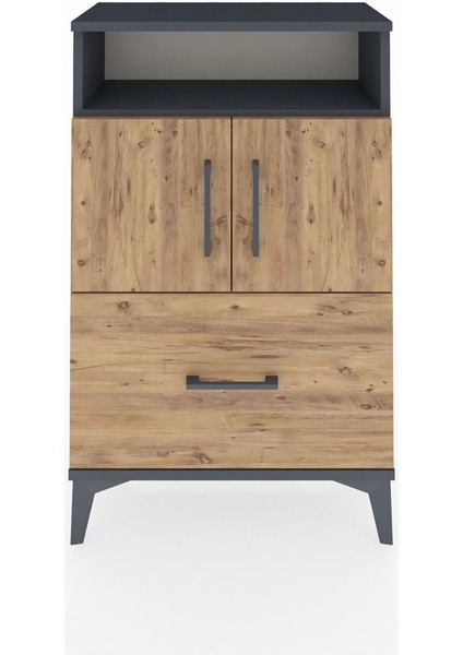 Arges Komodin 2 Raflı Tek Çekmeceli 2 Kapaklı 60X30X96 Antrasit-Çam