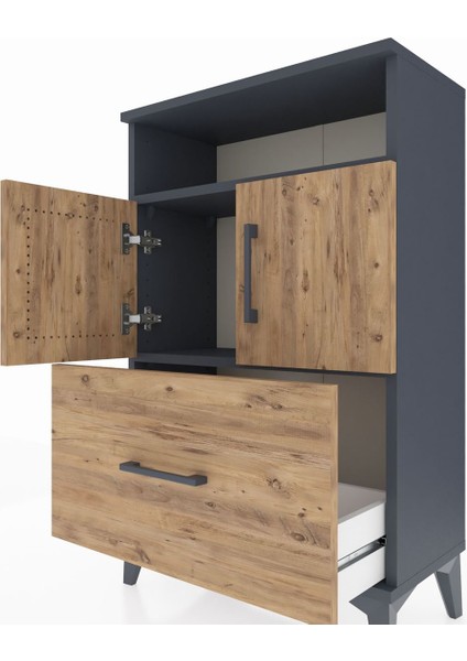 Arges Komodin 2 Raflı Tek Çekmeceli 2 Kapaklı 60X30X96 Antrasit-Çam indirimleri