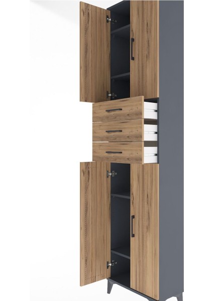 Arges Dolap 5 Raflı 3 Çekmeceli 4 Kapaklı 60X30X243 Antrasit-Çam indirimleri