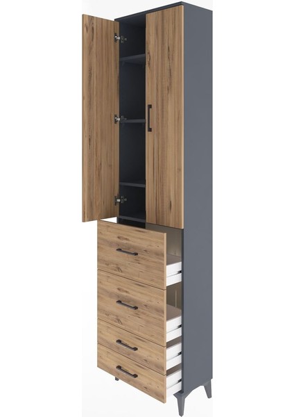 Arges Dolap 4 Raflı 4 Çekmeceli 2 Kapaklı 60X30X243 Antrasit-Çam fırsatları