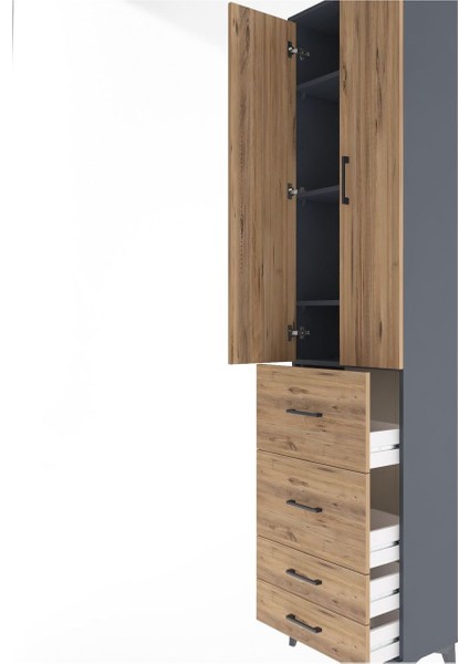 Arges Dolap 4 Raflı 4 Çekmeceli 2 Kapaklı 60X30X243 Antrasit-Çam indirimleri