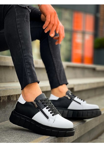 KB-X155 Kuback Beyaz Cilt Siyah Cilt Detaylı Siyah Yüksek Taban Günlük Spor Ayakkabı