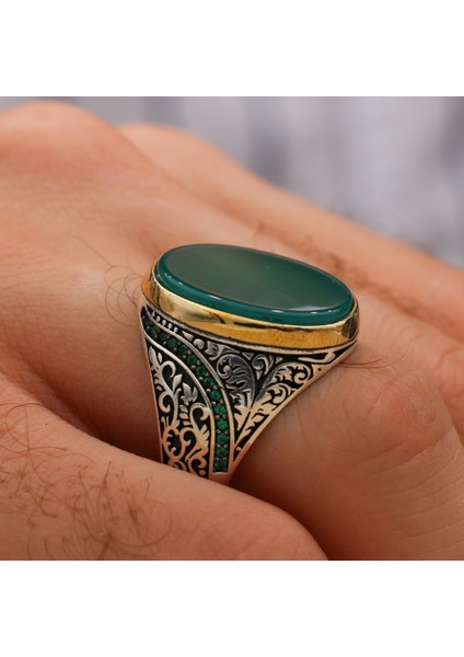 Düz Yeşil Akik Taşlı 925 Ayar Gümüş Erkek Yüzük