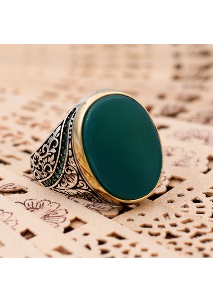 Düz Yeşil Akik Taşlı 925 Ayar Gümüş Erkek Yüzük fiyatları