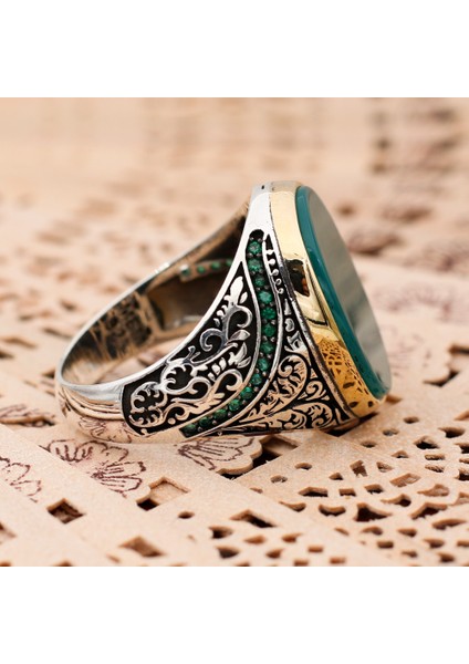 Düz Yeşil Akik Taşlı 925 Ayar Gümüş Erkek Yüzük modelleri