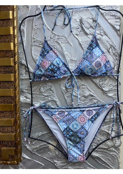 Kadın Likralı Yandan Boyundan Bağlamalı Şık Ipli Üçgen Bikini Takım